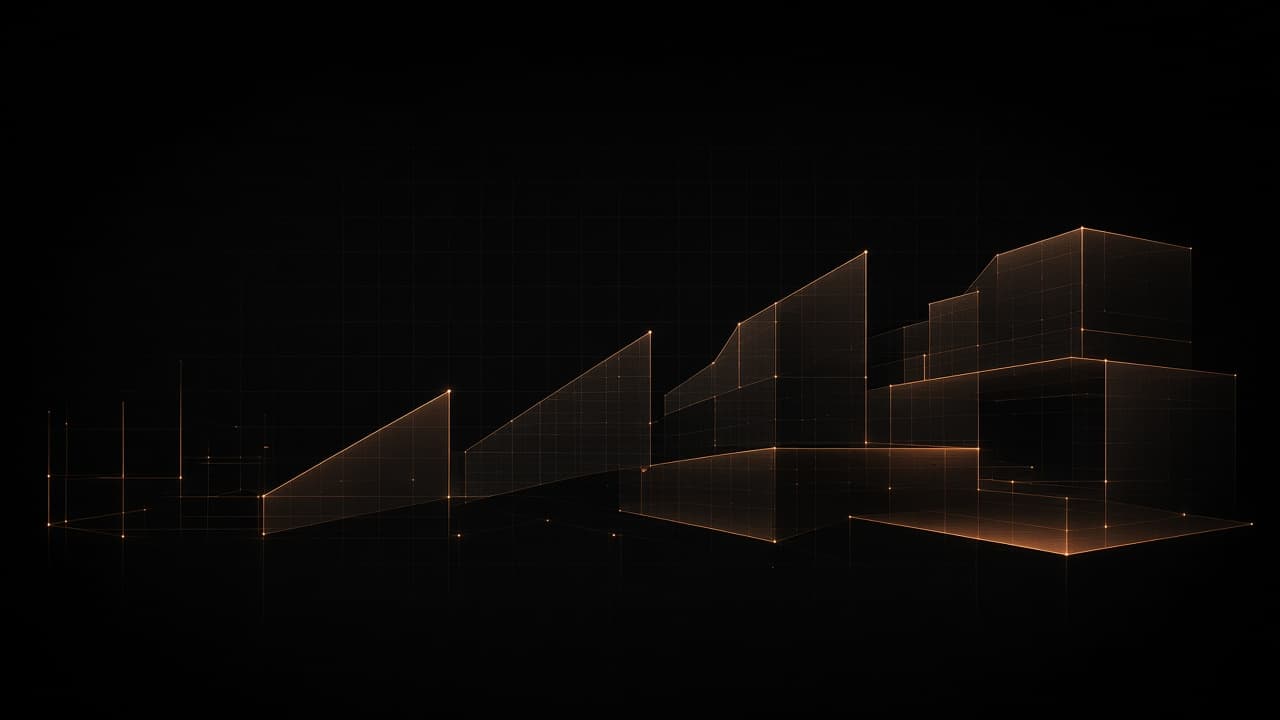 Abstract copper architectural planes on a dark field, suggesting a system scoped from a first boundary to a finished structure