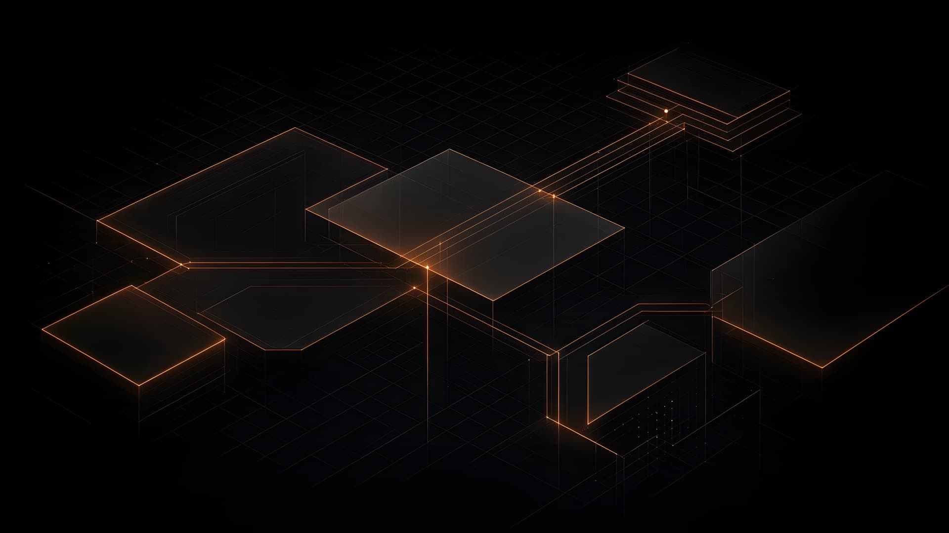 Abstract architectural pattern of copper circuit geometry on a dark field